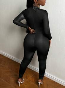 Slaydiva Skull & Letter Graphic Mock Neck Unitard Jumpsuit - Black - View 2