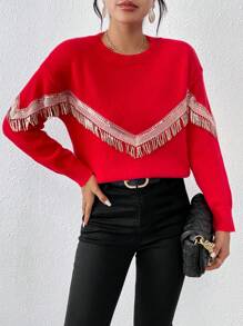 SHEIN Essnce Sequin Fringe Trim Drop Shoulder Sweater - Red - View 1