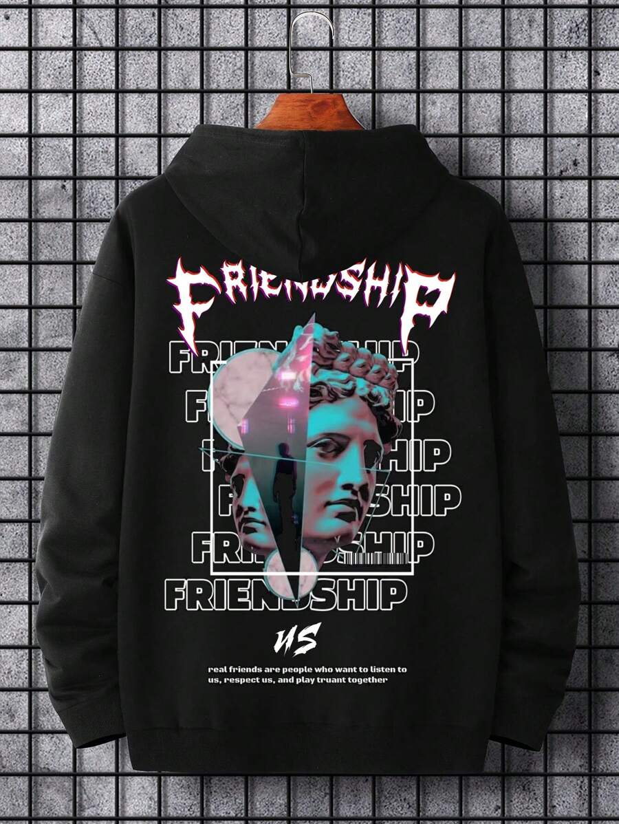 Manfinity EMRG Nam Hoodie Với Nhân vật Và In Khẩu hiệu Và Dây rút - màu đen - Xem 1