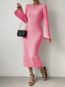 Chiquease Solid Flare Sleeve Open Back Sweater Dress - Pink - View 5