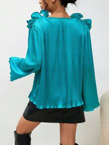 GENKIRA Viền Ruffle Xa ten Áo sơ mi - màu xanh lá - Xem 3