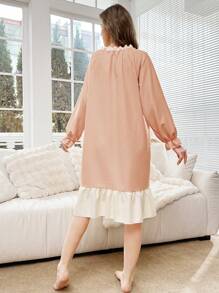 Tie Neck Flounce Sleeve Ruffle Hem Nightdress - Pink - View 2