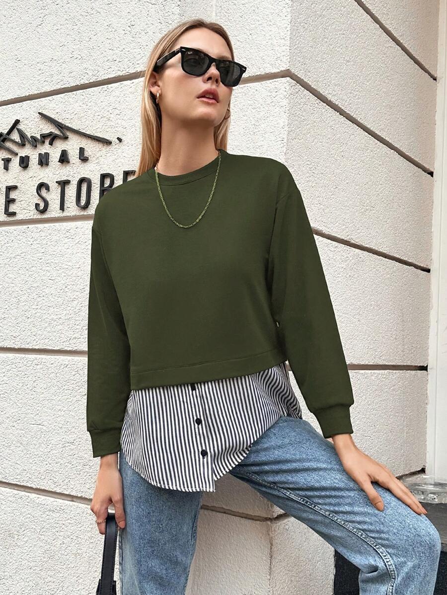 EURMUSE Women's Striped 2 In 1 Sweatshirt - Army Green - View 1