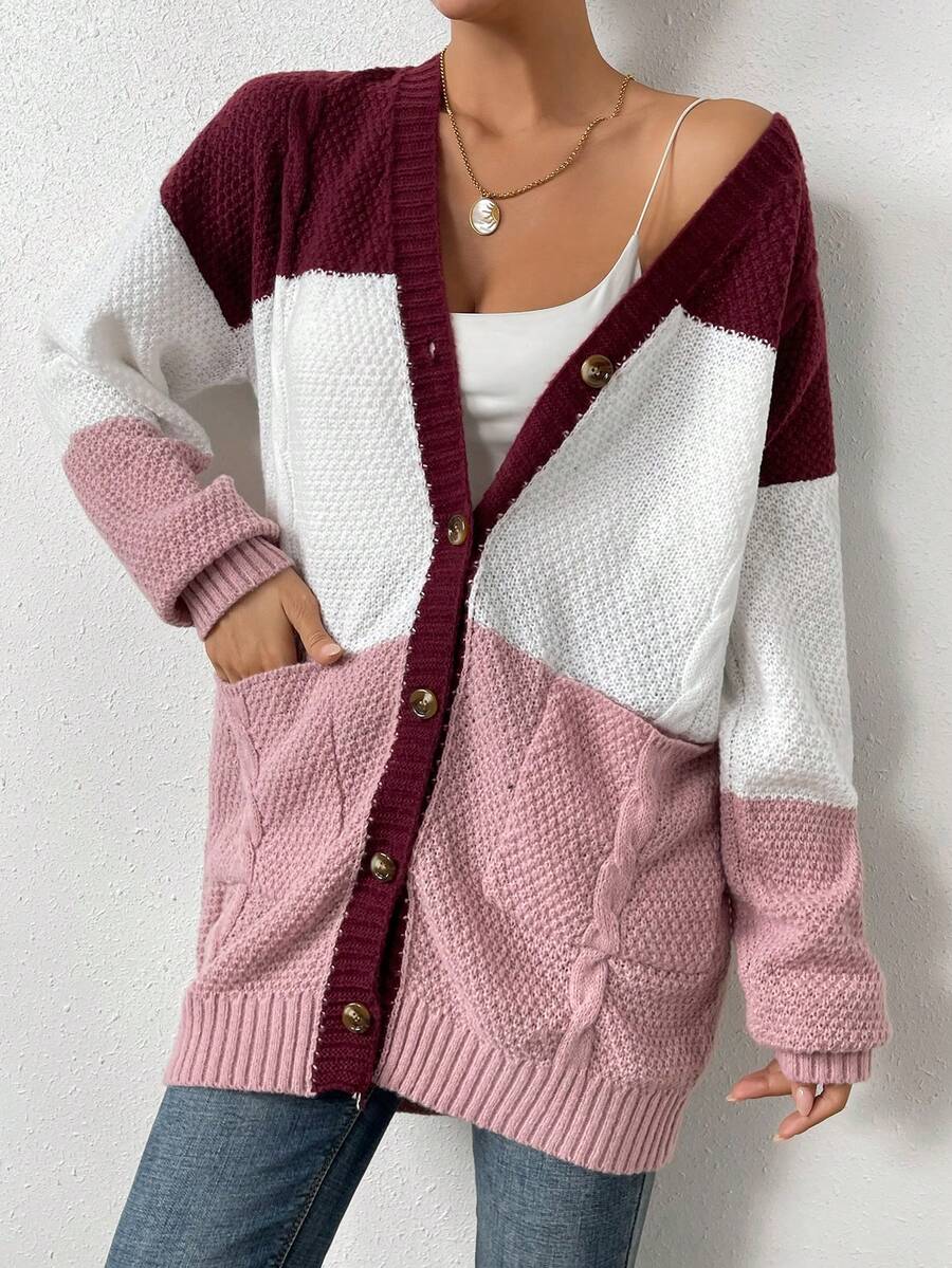 SHEIN Essnce Khối màu Túi Kép Thả vai Áo len Mở - Nhiều màu - Xem 1