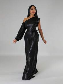 Asymmetrical Neck Lantern Sleeve Belted Party Jumpsuit - Black - View 3