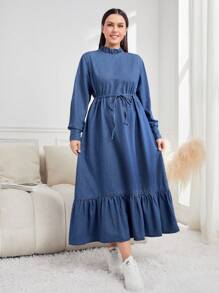 Mulvari Talla grande Vestido mezclilla de cuello con fruncido bajo con fruncido con cinturón - Azul lavado medio - Ver 1