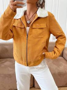 SHEIN EZwear Borg Collar Flap Pocket Zipper Up Jacket - Brown - View 5
