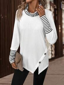 SHEIN LUNE 條紋印花堆堆領紐扣細節不對稱下擺T恤 - 白色 - 查看 6