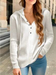 Calvaya 大碼半排扣抽繩連帽套頭毛衣 - 米色 - 查看 1