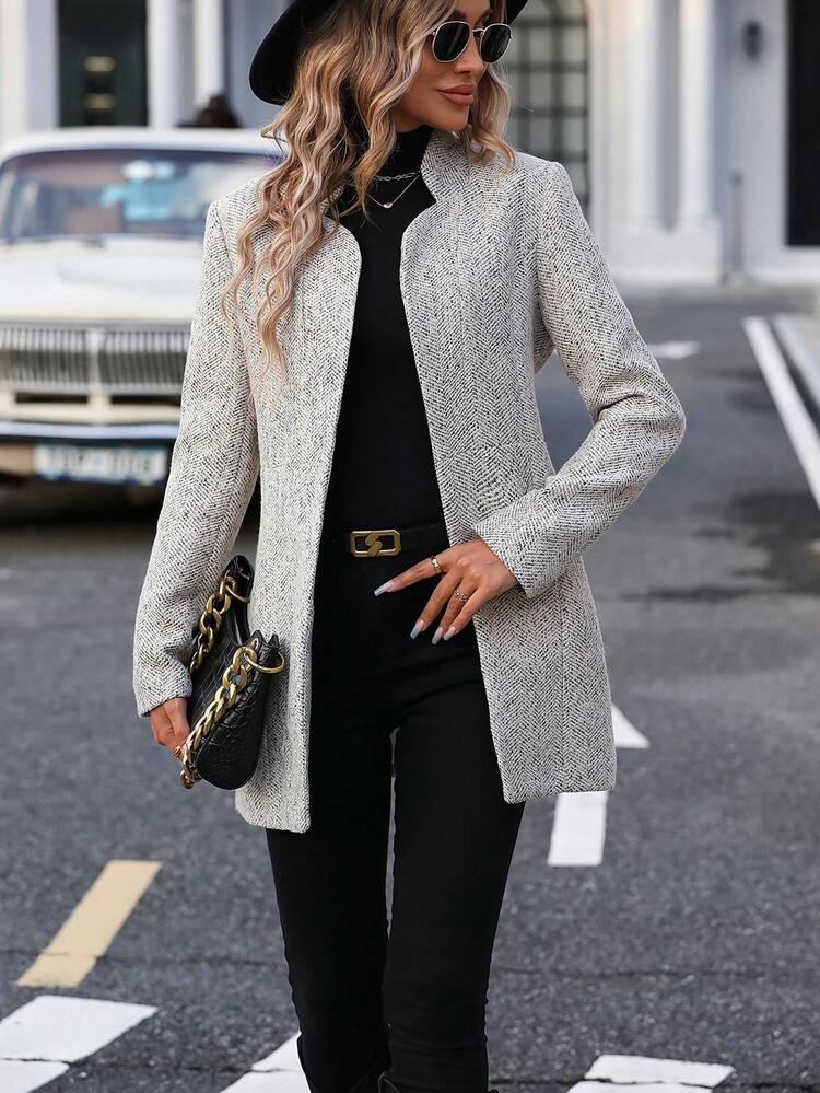 SHEIN Clasi Abrigo con bolsillo oblicuo con parte delantera abierta - Caqui - Añade 3