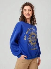 Forever 21 Letter & Sun Pattern Drop Shoulder Women's Sweatshirt - Blue - View 4