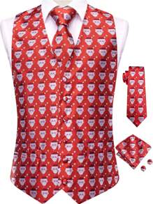 Men's Single Breasted Christmas Pattern Waistcoat - Red - View 1