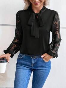 SHEIN Frenchy Contrast Lace Lantern Sleeve Tie Neck Blouse - Black - View 5