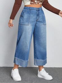 SHEIN EZwear Plus Raw Trim Roll Up Hem Wide Leg Jeans - Medium Wash - View 4