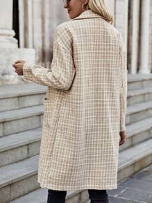 SHEIN LUNE Plaid Dual Pocket Drop Shoulder Tweed Overcoat Fall Cloth For Women - Khaki - View 2
