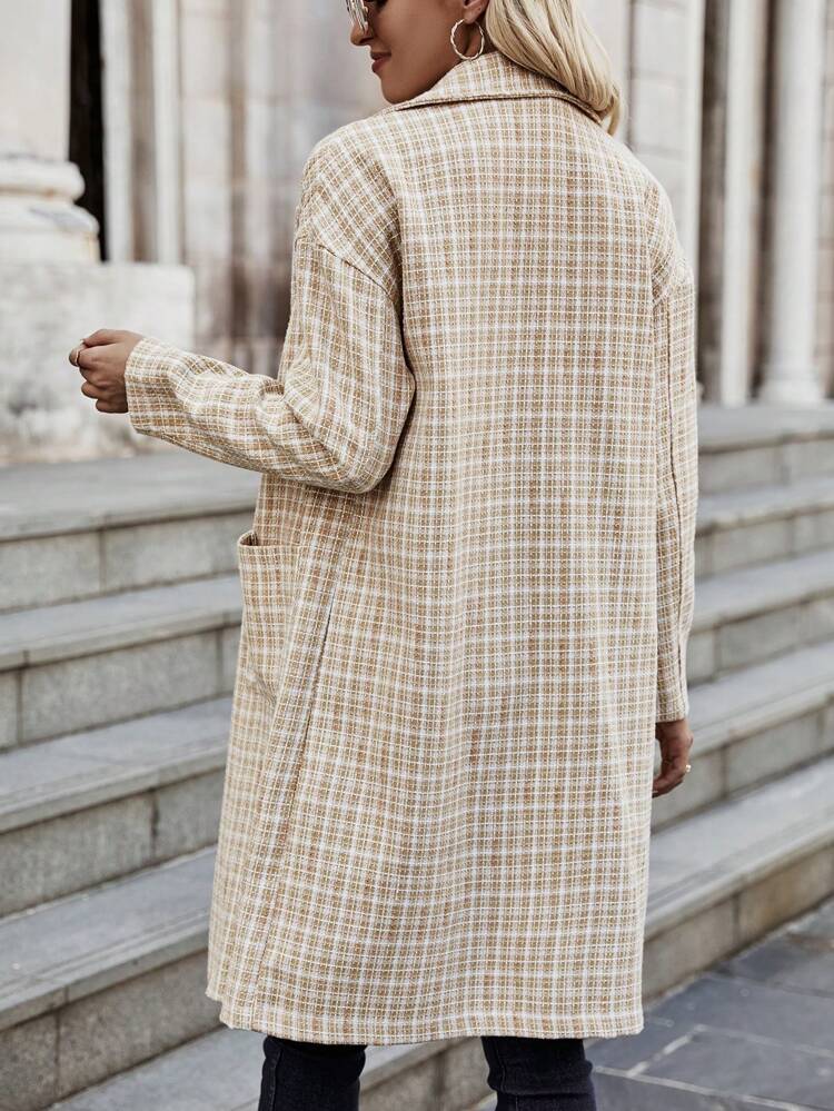 Plaid Dual Pocket Drop Shoulder Tweed Overcoat Fall Cloth For Women