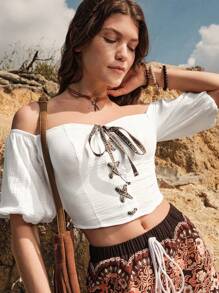 Bohemela Off Shoulder Lace Up Front Puff Sleeve Crop Top - White - View 3