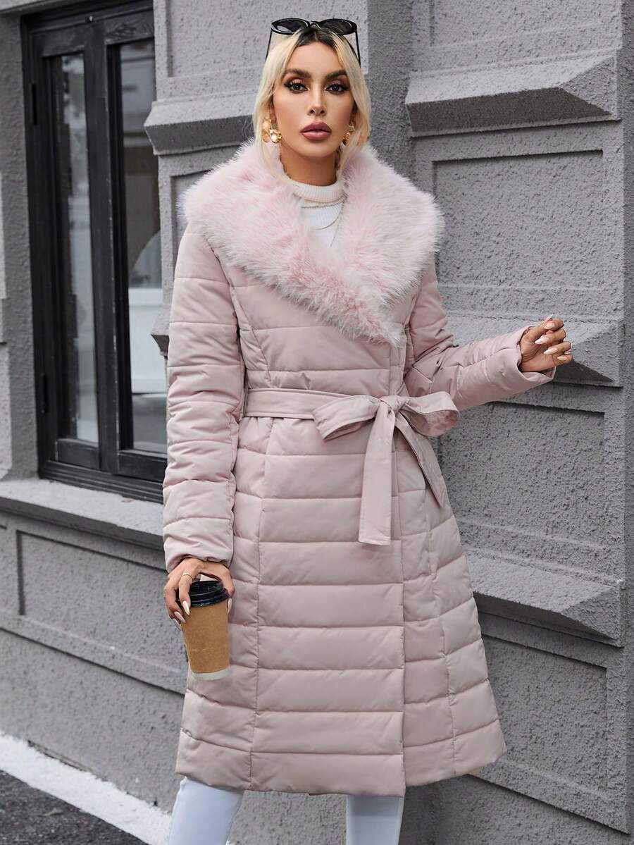 SHEIN Privé 拼布束帶襯墊大衣 - 藕粉色 - 查看 1