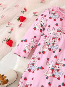 Bebé niña Vestido con estampado de conejo ribete con fruncido - Rosa - Ver 4