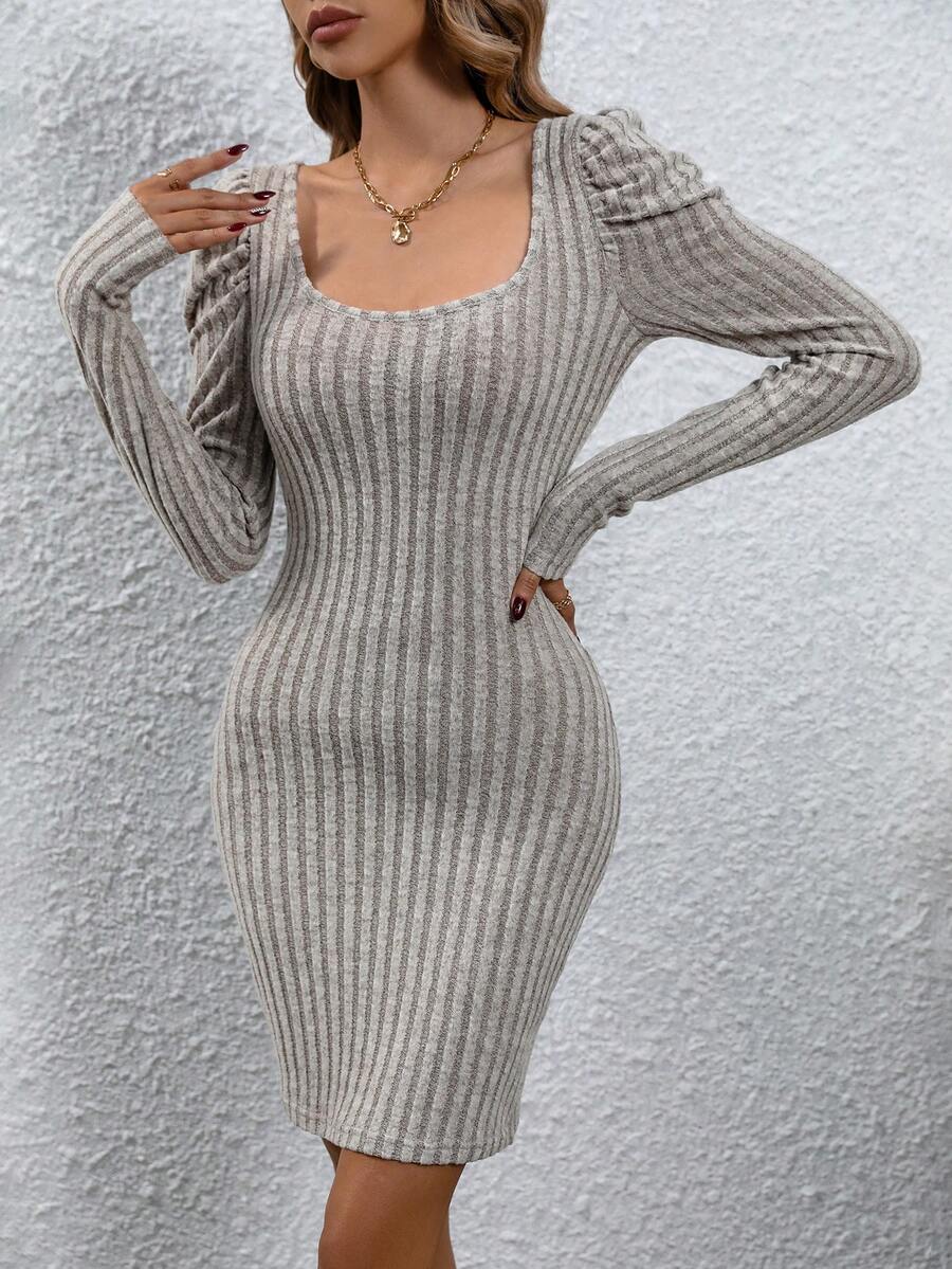 SHEIN Essnce Scoop Cổ Tay áo Váy bodycon - Màu Khaki - Xem 1