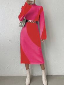 SHEIN Essnce Two Tone Turtleneck Sweater Dress Without Belt - Multicolor - View 1