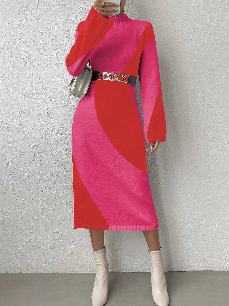 SHEIN Essnce Two Tone Turtleneck Sweater Dress Without Belt - Multicolor - View 1