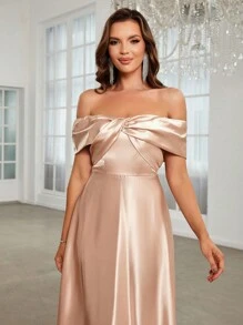 SHEIN Belle Off Shoulder Twist Front Satin Maxi Formal Dress - Champagne - View 6