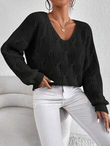 SHEIN Essnce Chất rắn Thả vai Cổ v Áo len - màu đen - Xem 6