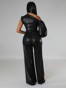 Asymmetrical Neck Lantern Sleeve Belted Party Jumpsuit - Black - View 2