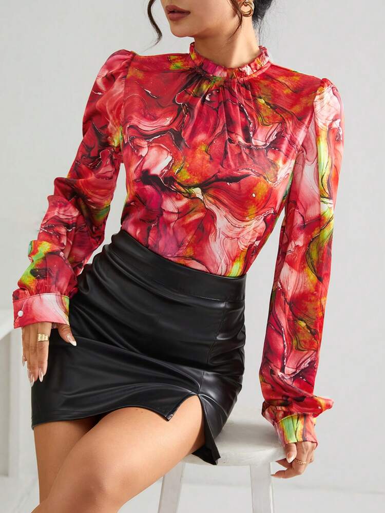 Allover Print Frilled Mock Neck Blouse
