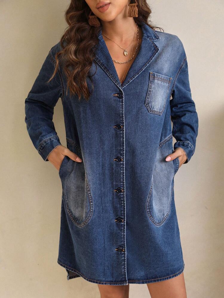 Lapel Neck Drop Shoulder Slant Pocket Denim Dress