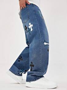 Manfinity Roghcode 男士休闲交叉印花直筒牛仔裤 - 藍色 - 查看 7