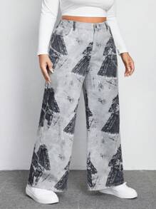 SHEIN EZwear 大碼圖案印花闊腿牛仔褲 - 彩色 - 查看 5