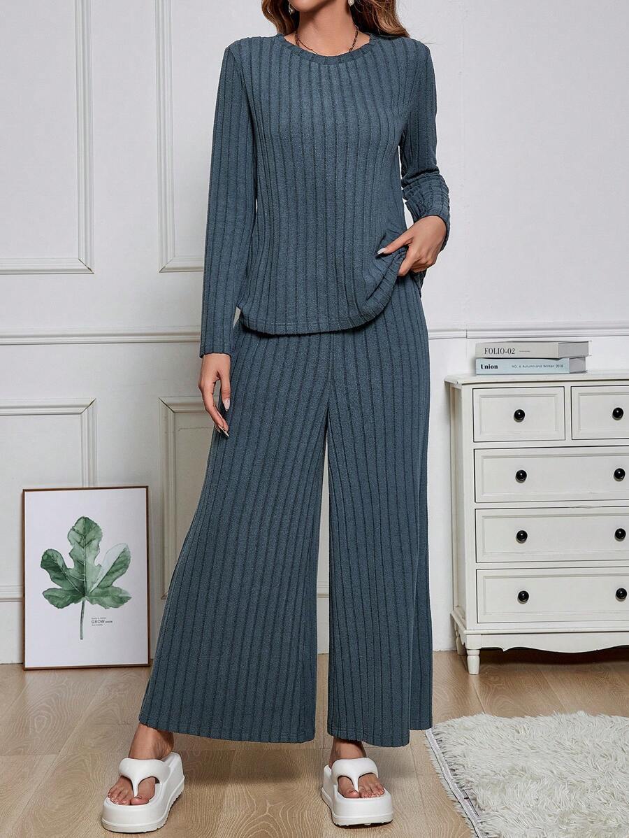 SHEIN LUNE 女羅紋針織t卹+寬褲套裝 - 霧霾藍 - 查看 1