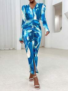 SHEIN Privé Allover Print Ruched Split Thigh Dress - Green - View 5