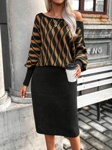 SHEIN Clasi Geo Pattern Batwing Sleeve Sweater & Knit Skirt Fall Cloth For Women - Black - View 3