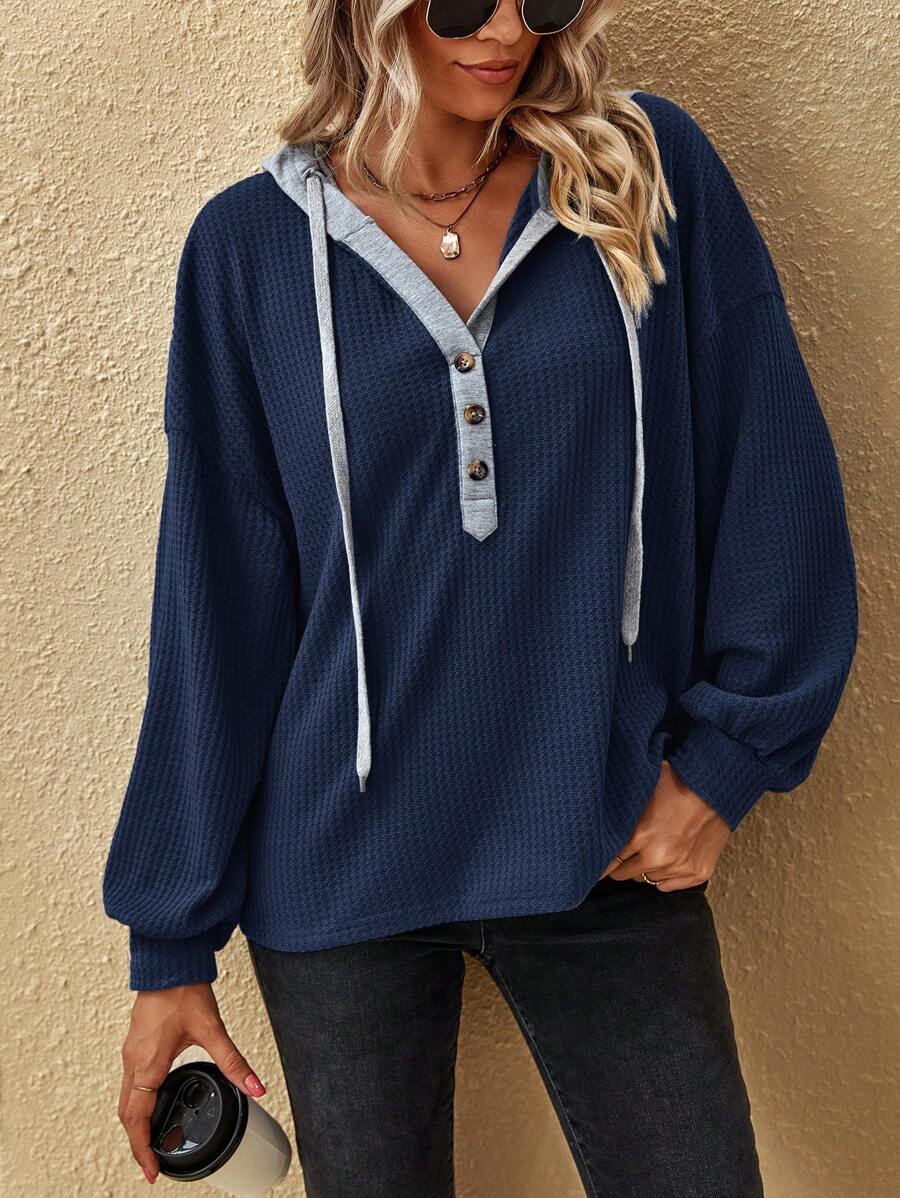 SHEIN LUNE Nút Nửa Thả vai Dây rút áo có mũ Dệt kim Waffle Áo nỉ - Màu xanh hải quân - Xem 1