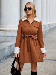 SHEIN Essnce Khối màu Thắt lưng Đầm Midi - Nhiều màu - Xem 6