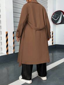 Flirla Hơn Cổ áo Đôi ngực Thắt lưng Áo khoác Trench - Cà phê nâu - Xem 2