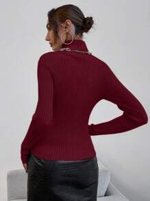 SHEIN LUNE Turtleneck Ribbed Knit Sweater,Long Sleeve Tops Knit Pullover Fall Winter Sweater - Burgundy - View 3