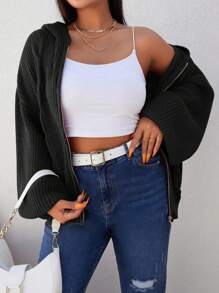 RueChic Plus Solid Drop Shoulder Hooded Cardigan - Black - View 3