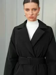 Anewsta 女式中长款系带夹棉大衣 - 黑色 - 查看 5