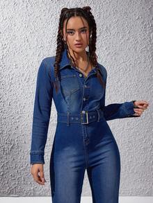 SHEIN ICON Button Front Belted Flare Leg Denim Jumpsuit - Medium Wash - View 4
