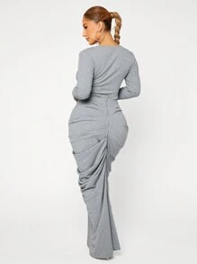 SHEIN SXY Solid Ruched Bodycon Dress - Grey - View 2
