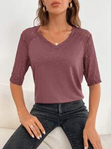 SHEIN LUNE 蕾絲拼接插肩袖T恤