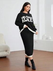 Mulvari Plus Letter Pattern Drop Shoulder Sweater & Knit Skirt - Black and White - View 4