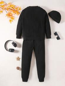 SHEIN Tween Boy Letter Patched Detail Pullover & Sweatpants & Hat - Black - View 2