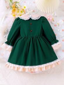 SHEIN Cô Gái Trẻ Ren tương phản Cổ tròn tay áo lá sen Xù Hoa Sen Đầm - màu xanh lá - Xem 2