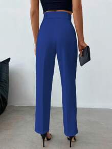 SHEIN Cottnline High Waist Fold Pleated Pants - Royal Blue - View 2