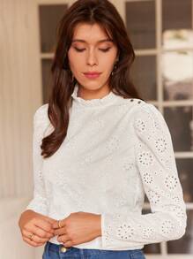 SHEIN Frenchy Frill Trim Eyelet Embroidery Button Detail Blouse - White - View 1